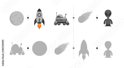 Educational matching game for children with space-themed objects like a rocket alien and moon to connect to their shadows.