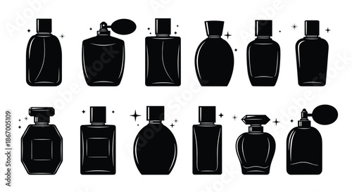 Collection of twelve black silhouette vector icons of elegant perfume bottles in various shapes on a white background.
