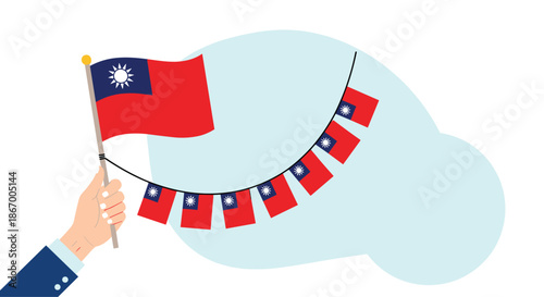Hand holding the national flag of Taiwan and a garland of smaller flags for a national holiday celebration vector art.