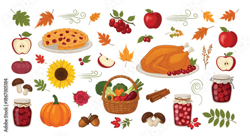 Large collection of Thanksgiving holiday food and autumn harvest elements including turkey pie and pumpkin vector set.