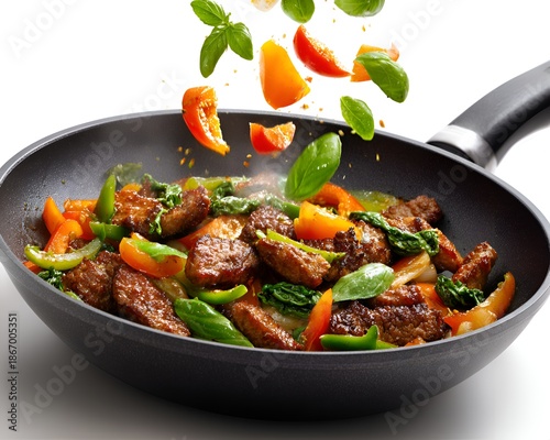 Sizzling beef stir fry with bell peppers and fresh basil leaves tossed in a non stick frying pan on a clean white background makes a tasty dish.