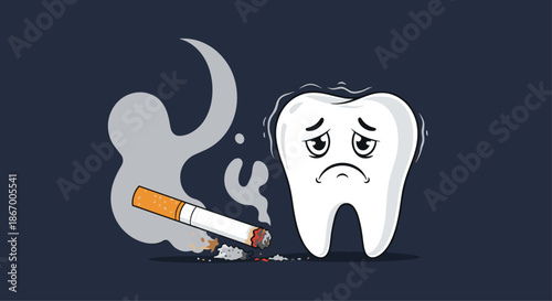Sad cartoon tooth character looking at a lit cigarette to illustrate the negative effects of smoking on dental health.