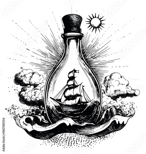Hand drawn line art illustration of a ship in a bottle depicting a sailing vessel on rough seas under a bright sun