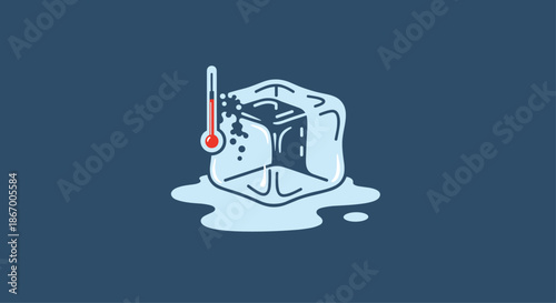 Cartoon illustration of a melting ice cube with a red thermometer inside showing the temperature rising above freezing.