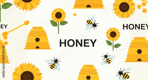 Seamless pattern background about honey featuring bees beehives sunflowers and the word honey in a cute flat style.