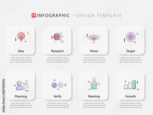 Timeline Creator infographic template. 8 Step timeline journey, calendar Flat simple infographics design template. presentation graph. Business concept with 8 options, gantt vector illustration.