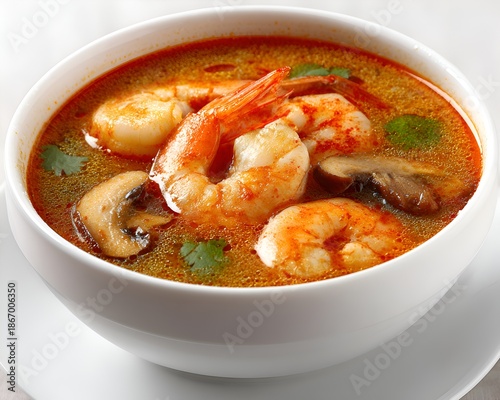 Appetizing bowl of Tom Yum soup with shrimp and mushrooms is displayed, creating a mouthwate and flavorful dining experience overall.