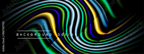 Abstract colorful waves create dynamic background. Lines flow, blending blues, greens, yellows, creating modern visual effect.