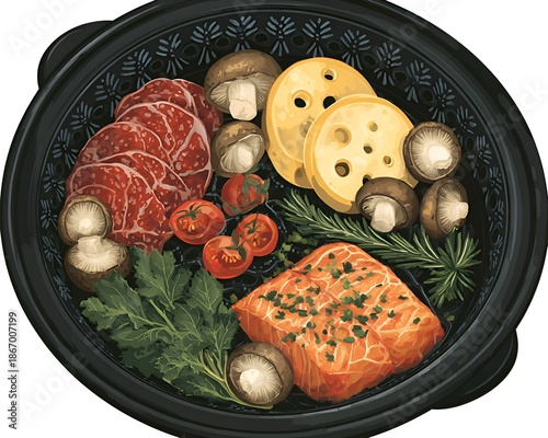 An overhead shot of a prepared meal including salmon, mushrooms, cheese, tomatoes, rosemary, and greens in a black container.