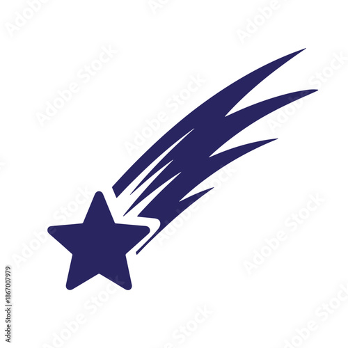 Navy blue star with motion trails flying through space  symbol of speed and adventure in one sentence