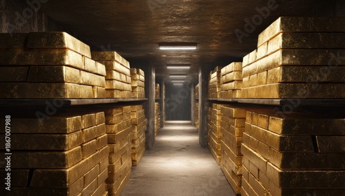 A dimly lit underground vault filled with countless stacks of glistening gold bars