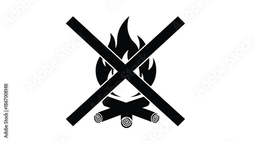 Prohibited campfire with crossed lines and flame a dark silhouette