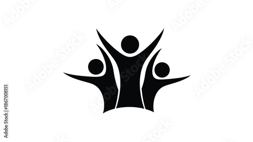 Three people with arms raised in a unified dark silhouette