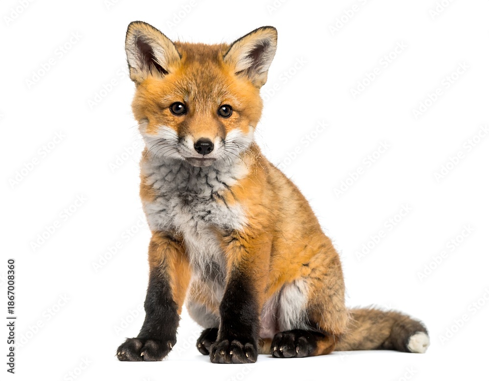 Fototapeta premium Young, adorable fox cub sitting, focused gaze, isolated