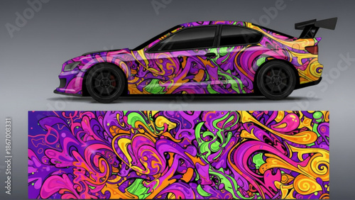 Dynamic abstract art car wrap design in purple, pink, green, and orange, showcasing a unique graphic pattern.
