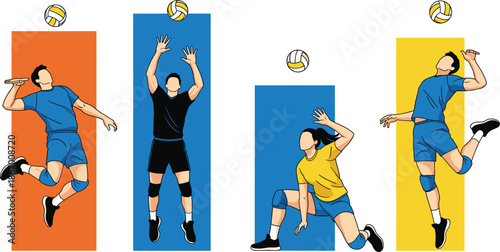 Flat Design Volleyball Player Vector Set Featuring Athletic Characters Spiking Blocking and Serving in Dynamic Action Sports Poses.