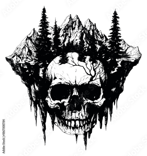 Hand drawn line art illustration of a skull with a mountainous forest and dripping elements depicting a dark and mystic wilderness