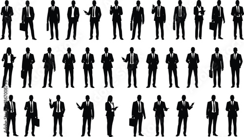 Business professional silhouettes, formal attire, black figures, briefcase, tablet, document, gesture pose, standing posture, white background, office, corporate, team