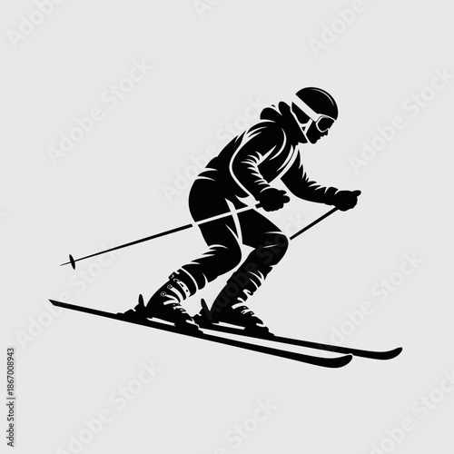 Silhouette of a skier in action on the slopes.