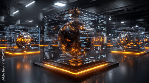 3D rendering abstract blocks of mathematical formulas that are in the virtual space. Camera inside the mathematical formulas