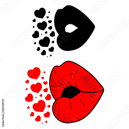 lips and heart love icons set