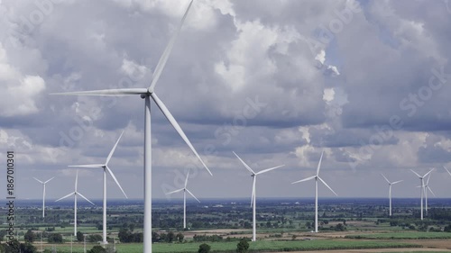 Wind turbines at green mountain hill clean sustainable electricity power, Green generator cloudy blue sky