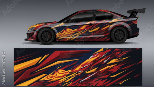 Dynamic car wrap design featuring abstract fiery patterns in red, orange, and yellow, suitable for racing vehicles.