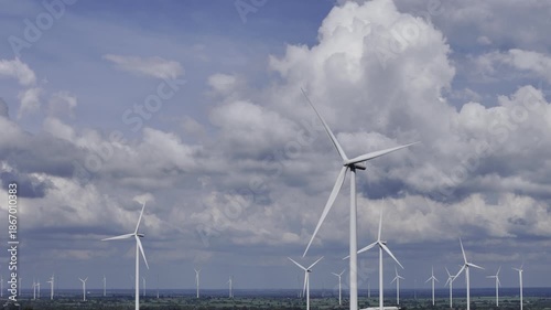 Wind turbines at green mountain hill clean sustainable electricity power, Green generator cloudy blue sky