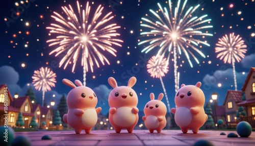 Cartoon bunnies fireworks town