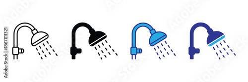 Vector illustration icon four different colored shower heads with water spraying out isolated on for plumbing or bathroom design set icon isolated on