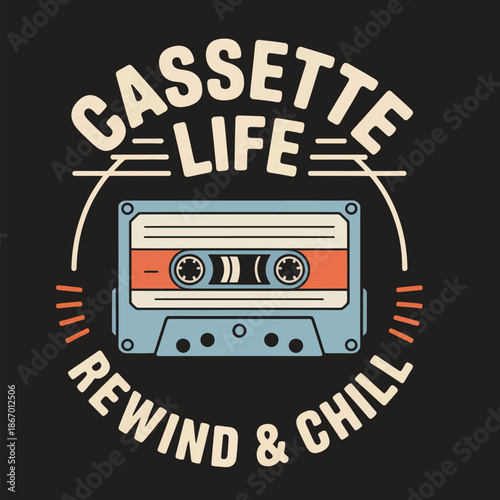 Cassette Tape with Text Rewind and Chill on Black Background