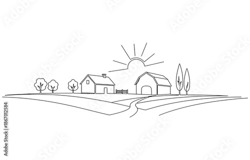 Landscape with village houses on hill. Continuous one line drawing, Village minimalistic contour illustration