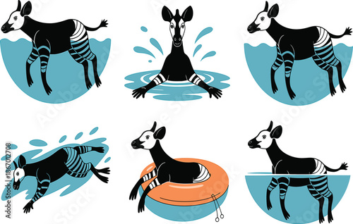 Okapi animal in water and on inflatable ring swimming