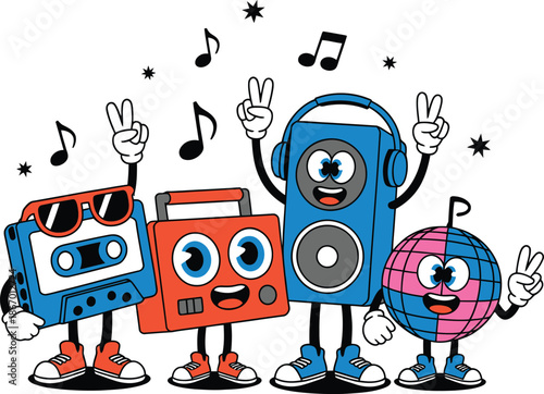 Colorful anthropomorphic music devices and globe celebrating with peace signs