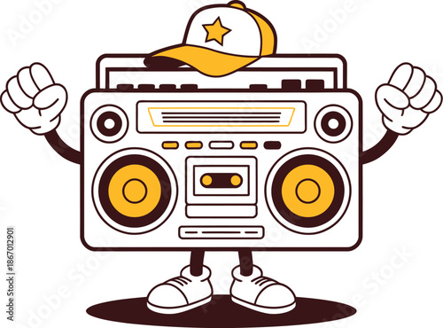 Yellow and white boombox character with a cap and fists raised