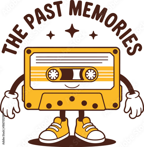 Yellow Cassette Tape Character with Sneakers and Text Above