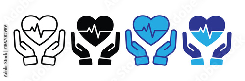 Vector illustration icon a set of four hand holding heart icons in different colors and styles with ecg line set icon isolated on