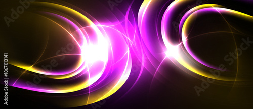 Bright abstract lines form dynamic curves. Vivid purple, gold hues create energy, light contrast against dark background.
