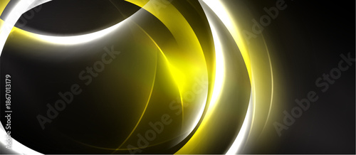 Abstract design features glowing yellow curves, white lines against dark background. Modern, dynamic composition creates visual interest.