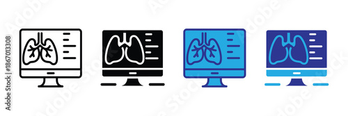 Vector illustration icon collection of various colored computer monitor icons displaying lung xray images on screen for medical diagnosis and healthcare set icon isolated on