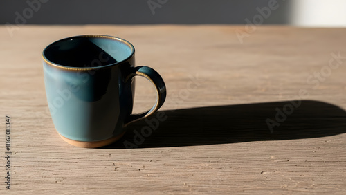 A teal glazed ceramic mug sits on a textured wooden surface casting a long dramatic shadow in the sunlight