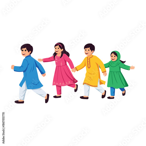Festive Eid Parade – Children in South Asian Attire Walking Hand in Hand with Joy and Unity