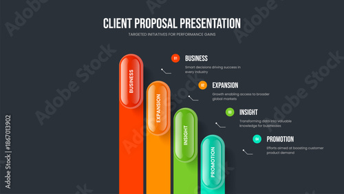Professional Campaign Slide Template Vector Illustration. Advertising Performance 4 Step Diagram Presentation Layout. Digital Report Four Element Infographic Frame Design.