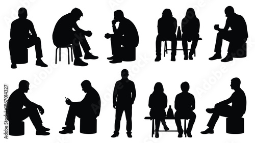 Diverse group of people in various relaxed poses a black silhouette