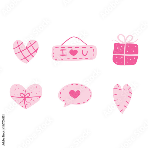 Cute hand-drawn heart, love tag, gift box, and speech bubble isolated on a white background. Valentine concept.