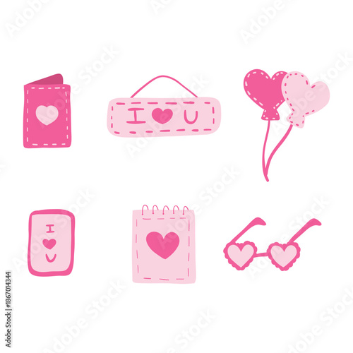Cute hand-drawn calendar, card, heart glasses, love tag, and balloon isolated on a white background. Valentine concept.