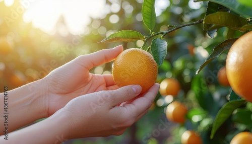 A close-up of a woman’s hand gently picking a ripe orange from an orange tree in a sunny orchard,