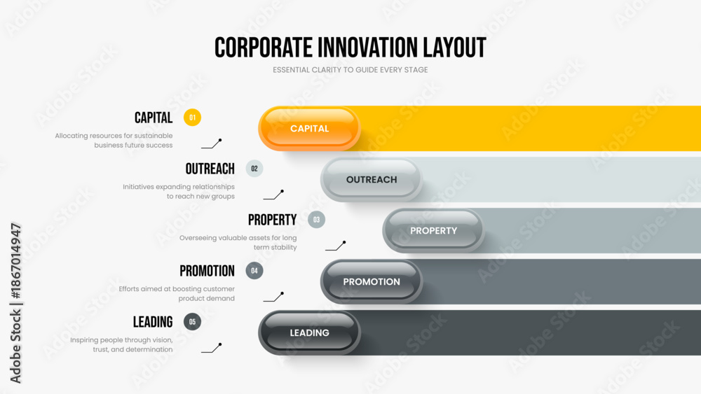 Fototapeta premium Modern Report Slideshow Design Vector Illustration. Marketing Growth Five Element Diagram Frame Layout. Corporate Proposal 5 Step Infographic Presentation Template.