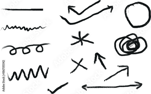 A collection of hand drawn scribbles and arrows on a white background