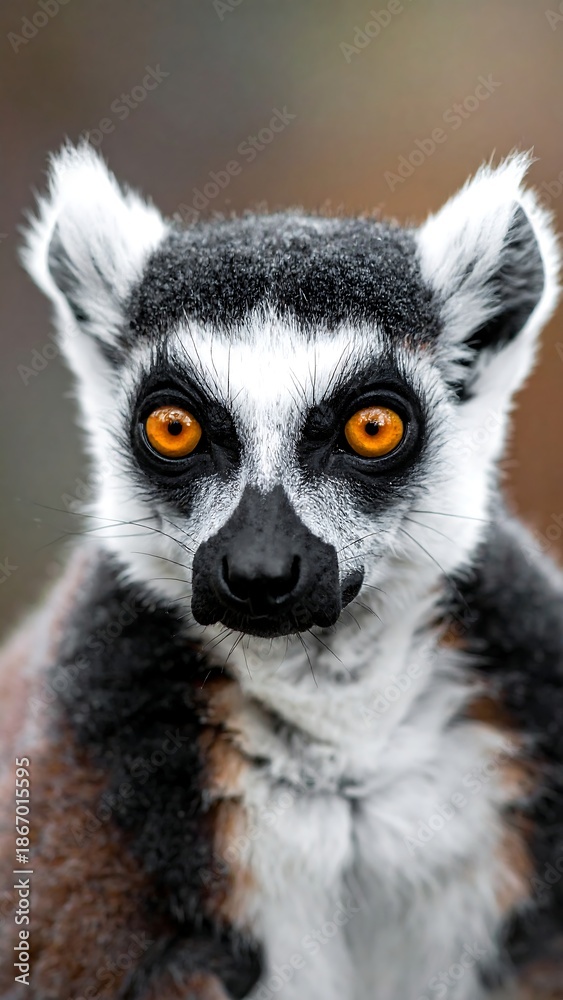 Fototapeta premium Close-up of a lemur with bright orange eyes and distinctive markings